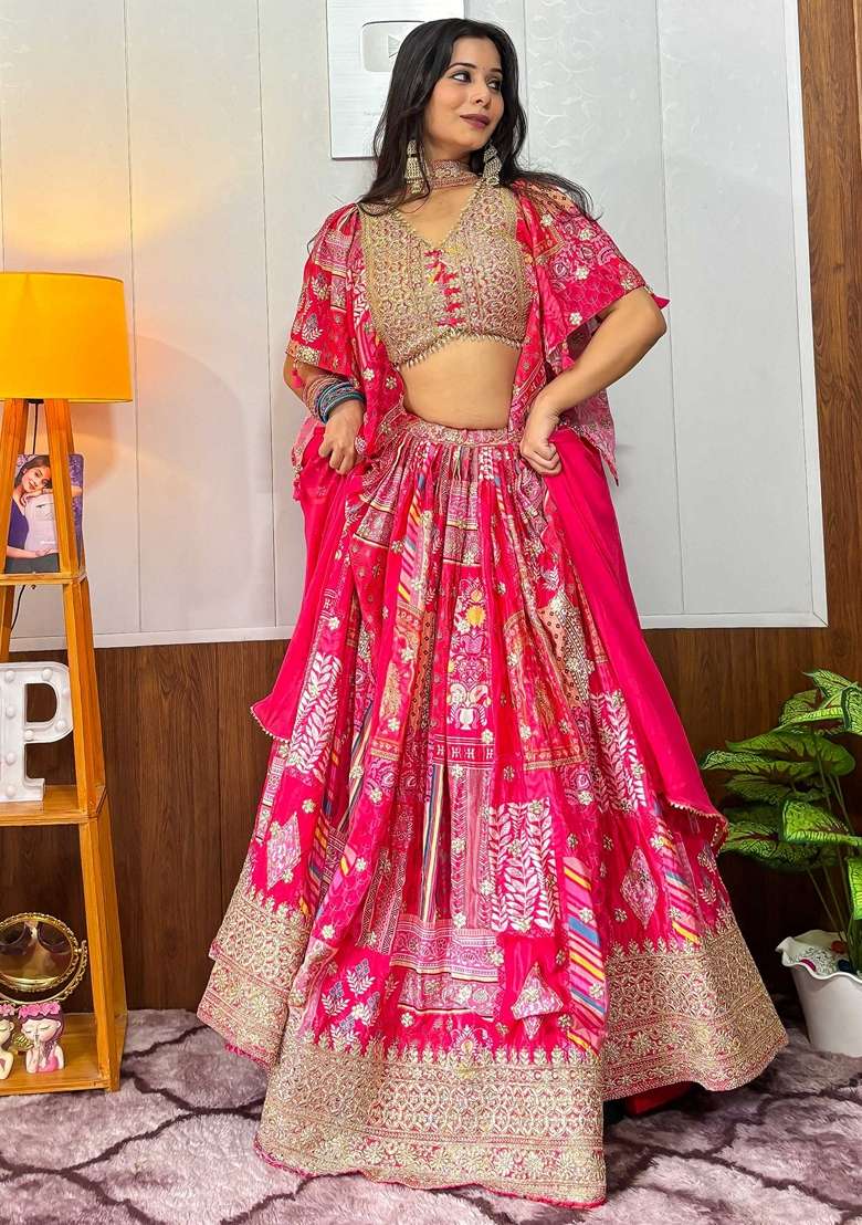 Pink Printed Chinon Lehenga Set for Diwali and Festive Wear - Indya