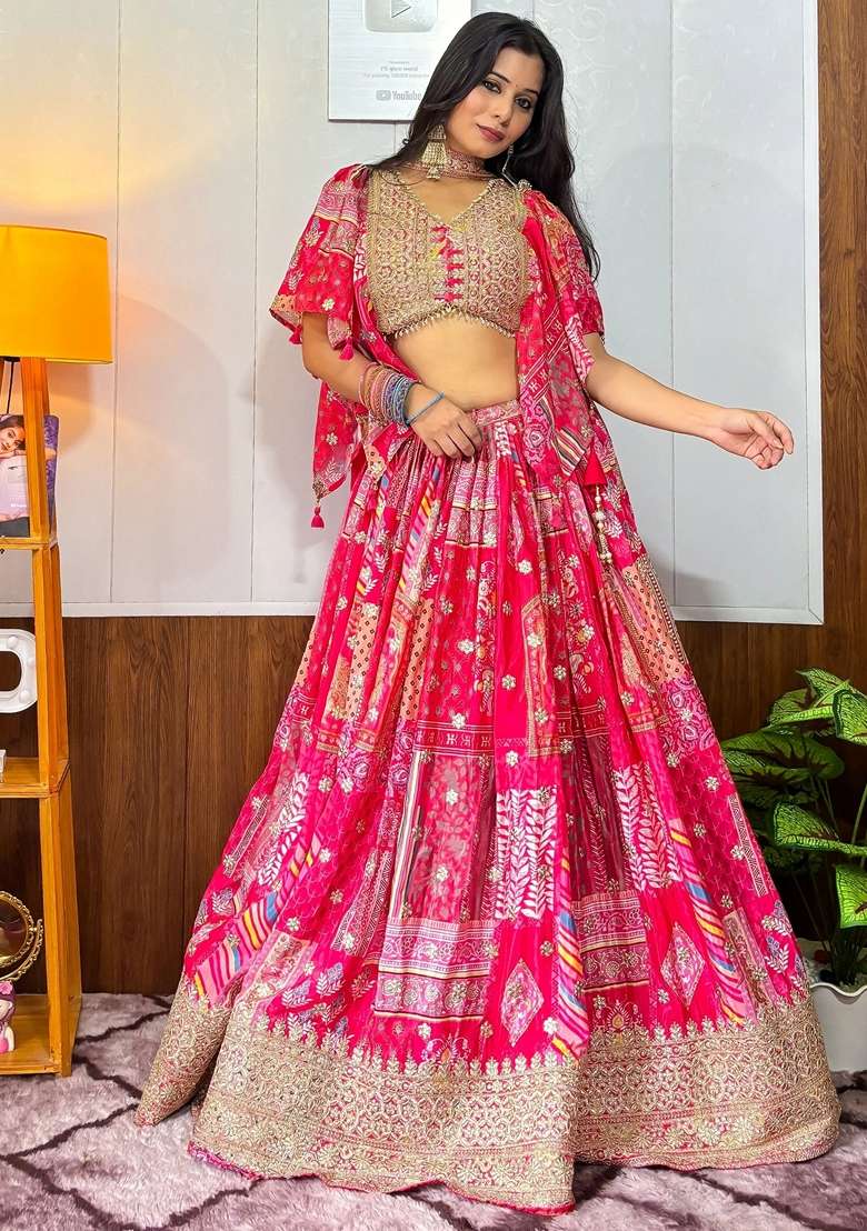 Pink Printed Chinon Lehenga Set for Diwali and Festive Wear - Indya
