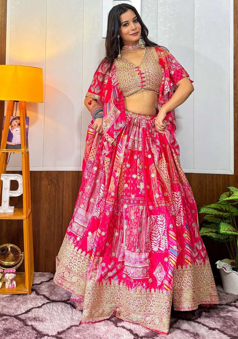 Pink Printed Chinon Lehenga Set for Diwali and Festive Wear - Indya