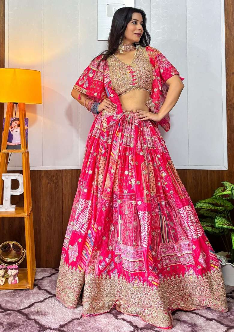 Pink Printed Chinon Lehenga Set for Diwali and Festive Wear - Indya