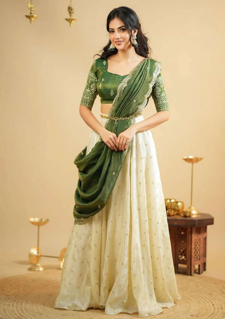 White Sequins Silk Blend Lehenga Set for Diwali and Festive Wear - Indya