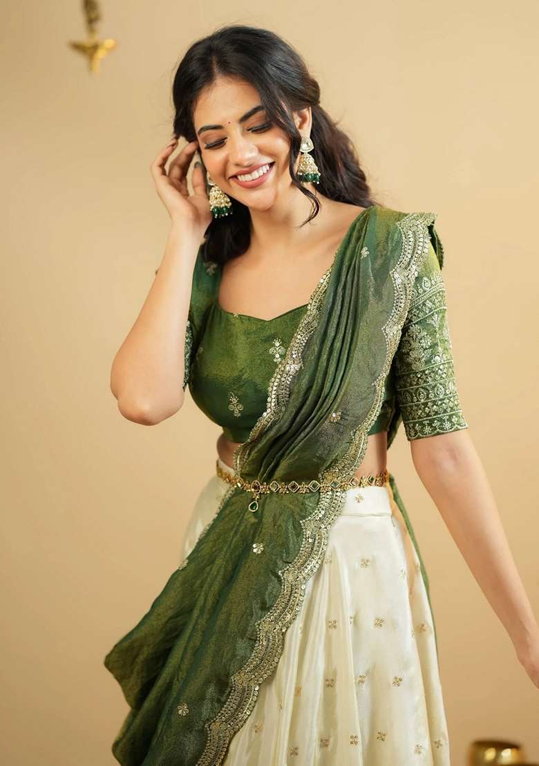 White Sequins Silk Blend Lehenga Set for Diwali and Festive Wear - Indya