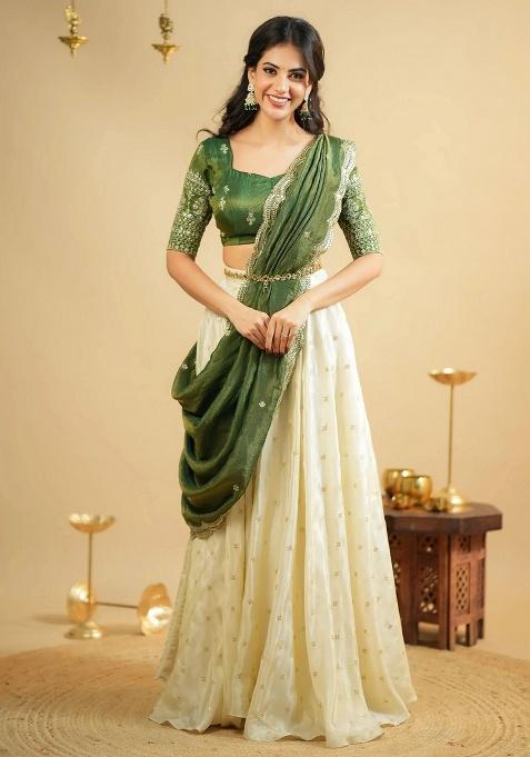 White Sequins Silk Lehenga Set — view on Indya