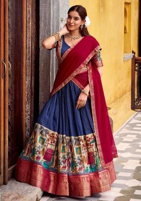 Navy Blue Printed Silk Blend Lehenga Set