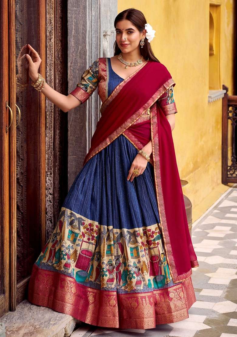 Navy Blue Silk Blend Lehenga Set with Printed for Diwali | Wedding & Festive Wear - Indya