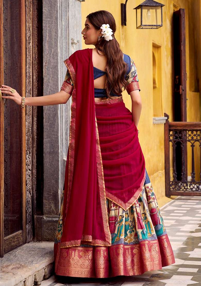 Navy Blue Silk Blend Lehenga Set with Printed for Diwali | Wedding & Festive Wear - Indya