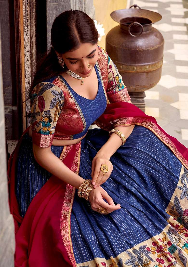 Navy Blue Silk Blend Lehenga Set with Printed for Diwali | Wedding & Festive Wear - Indya
