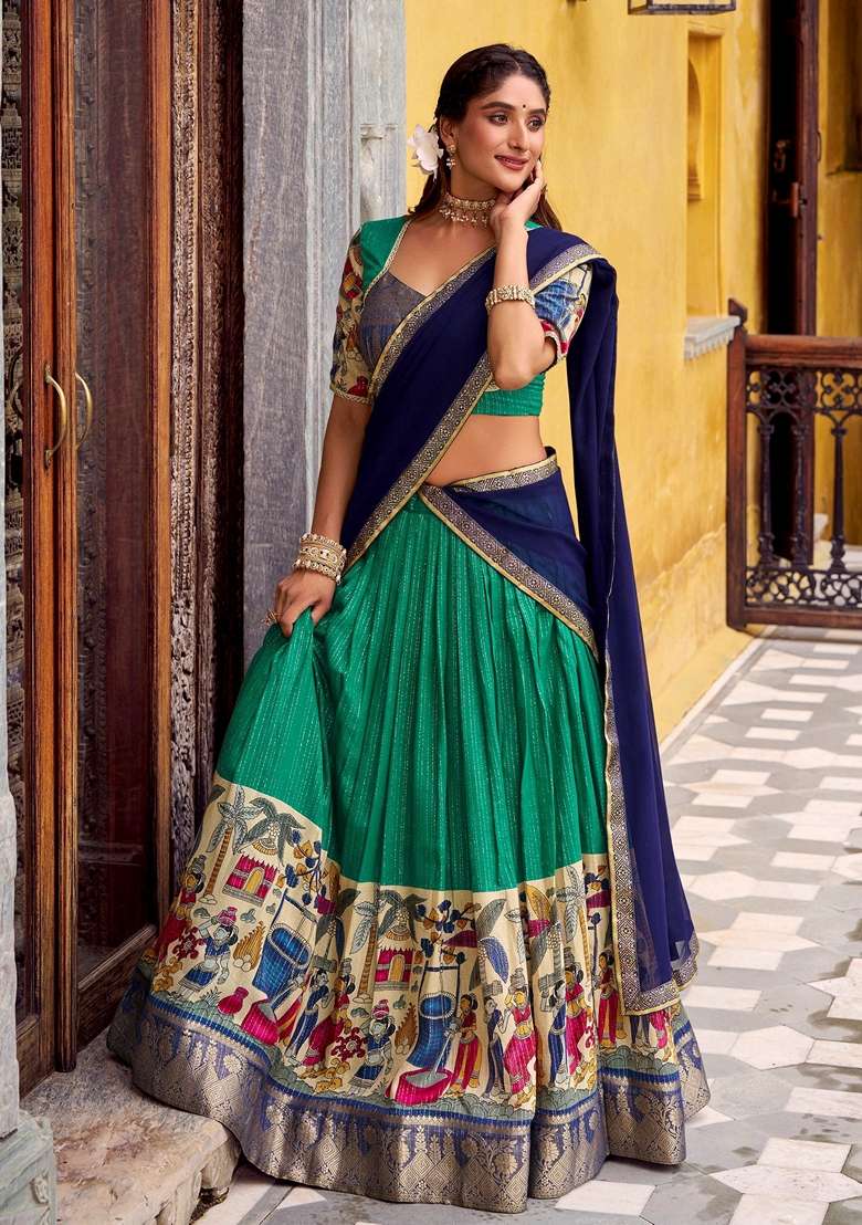 Green Silk Blend Lehenga Set with Printed for Diwali | Wedding & Festive Wear - Indya