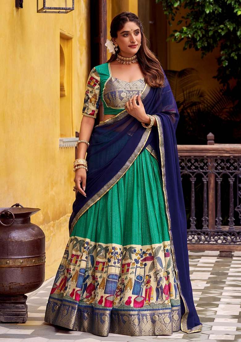 Green Silk Blend Lehenga Set with Printed for Diwali | Wedding & Festive Wear - Indya