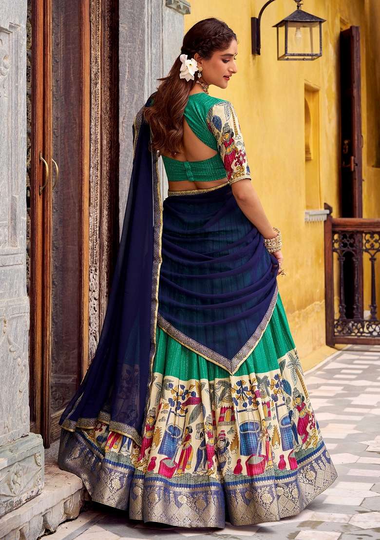 Green Silk Blend Lehenga Set with Printed for Diwali | Wedding & Festive Wear - Indya