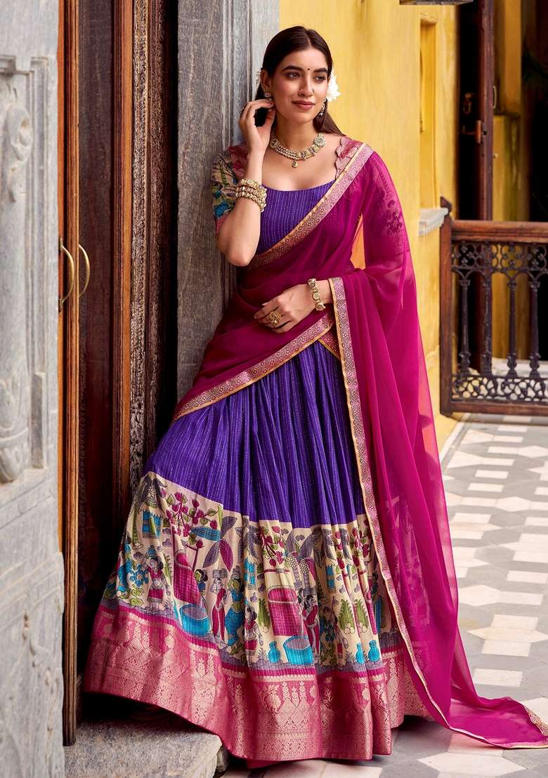 Purple Printed Silk Blend Lehenga Set for Diwali and Festive Wear - Indya