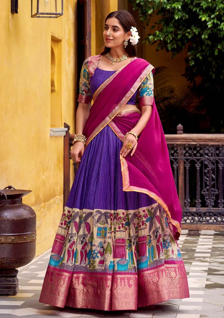 Purple Printed Silk Blend Lehenga Set for Diwali and Festive Wear - Indya