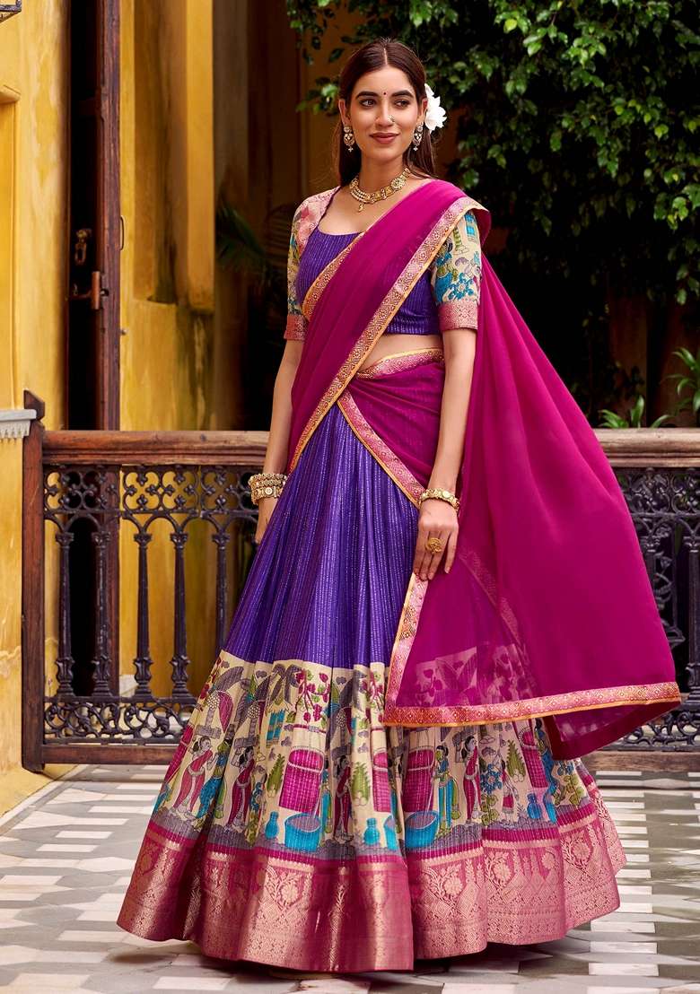 Purple Printed Silk Blend Lehenga Set for Diwali and Festive Wear - Indya
