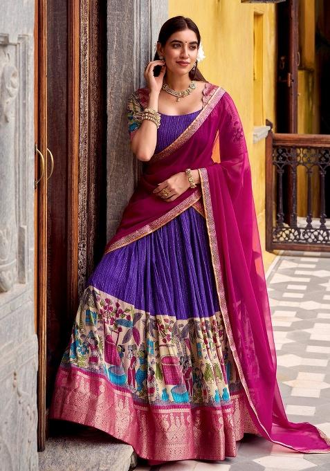 Purple Printed Silk Lehenga Set — view on Indya