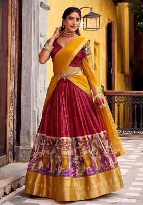 Red Printed Silk Blend Lehenga Set