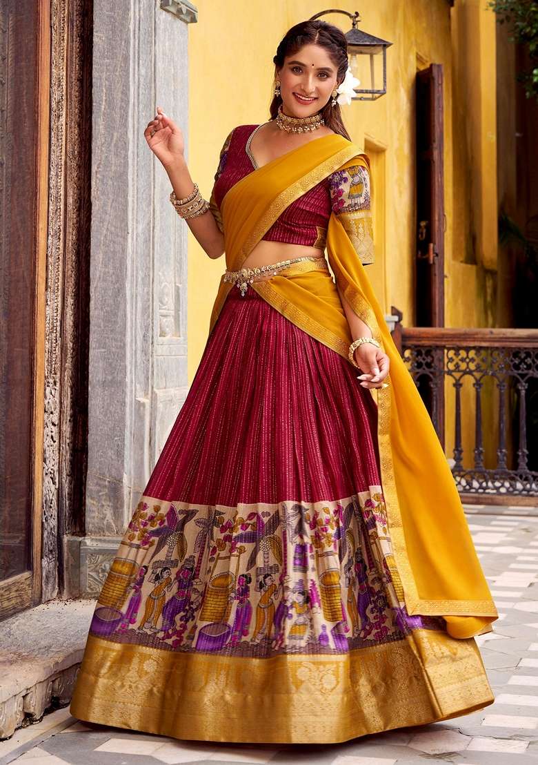 Red Printed Silk Blend Lehenga Set for Diwali and Festive Wear - Indya