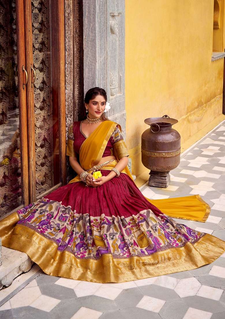 Red Printed Silk Blend Lehenga Set for Diwali and Festive Wear - Indya