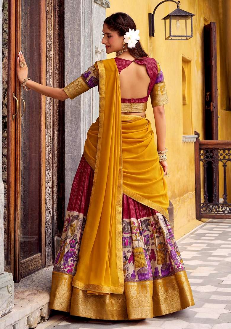 Red Printed Silk Blend Lehenga Set for Diwali and Festive Wear - Indya