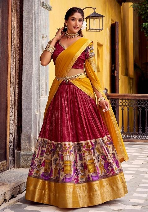 Red Printed Silk Lehenga Set — view on Indya
