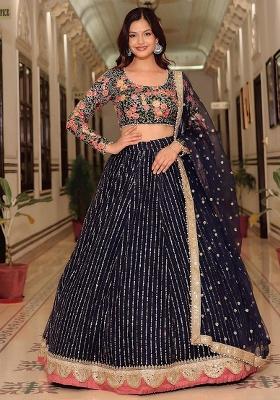 Blue Embroidery Net Lehenga Set