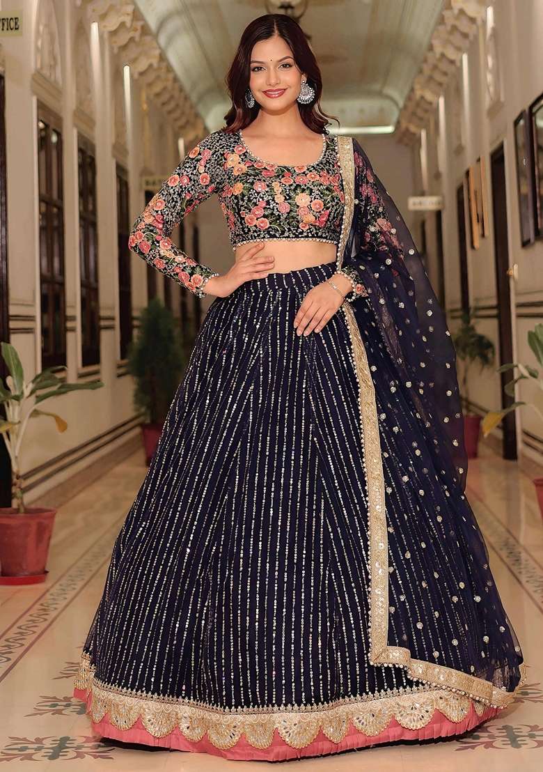 Blue Embroidery Net Lehenga Set for Diwali and Festive Wear - Indya
