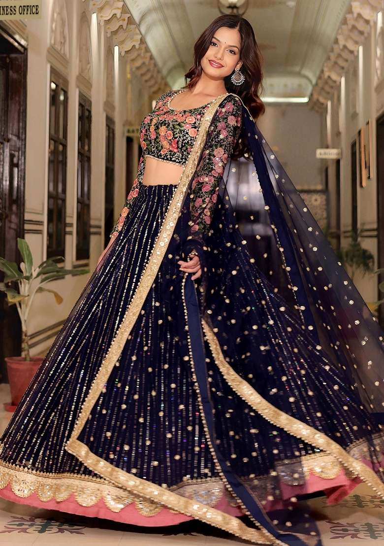 Blue Embroidery Net Lehenga Set for Diwali and Festive Wear - Indya