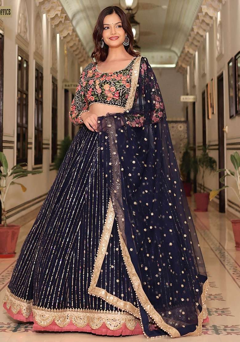 Blue Embroidery Net Lehenga Set for Diwali and Festive Wear - Indya