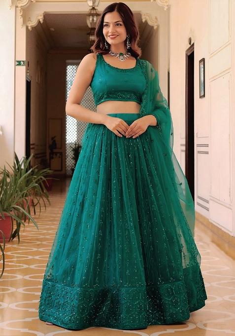 Green Embroidery Net Lehenga Set