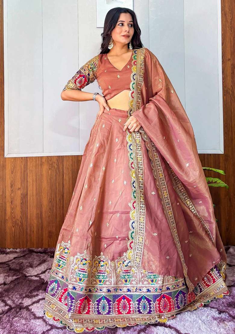 Orange Embroidery Silk Blend Lehenga Set for Diwali and Festive Wear - Indya