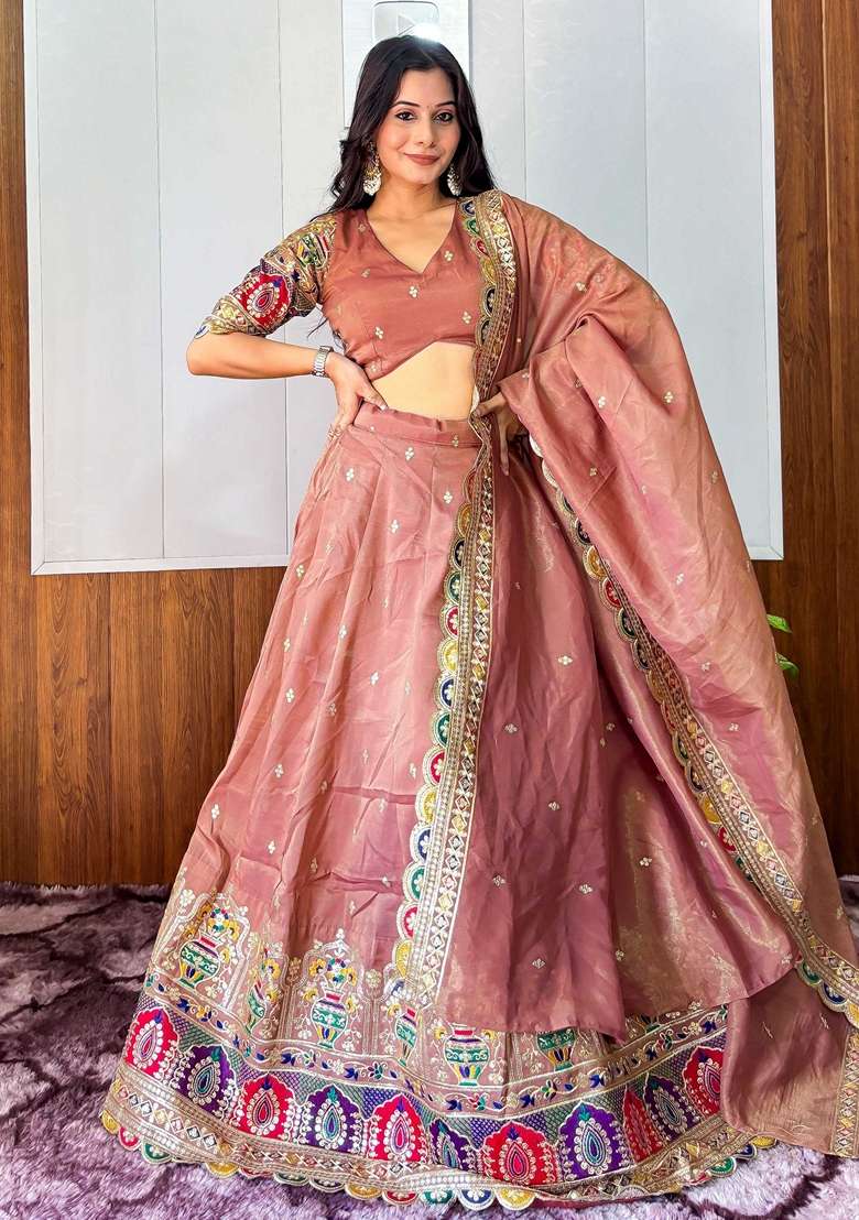 Orange Embroidery Silk Blend Lehenga Set for Diwali and Festive Wear - Indya