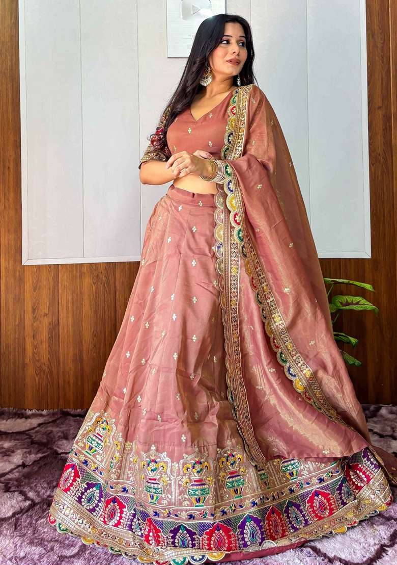Orange Embroidery Silk Blend Lehenga Set for Diwali and Festive Wear - Indya