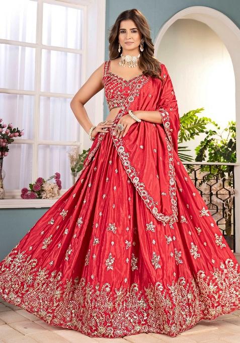 Red Embroidery Chinon Lehenga Set — view on Indya