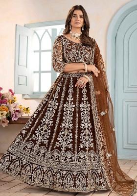 Brown Embroidery Net Lehenga Set