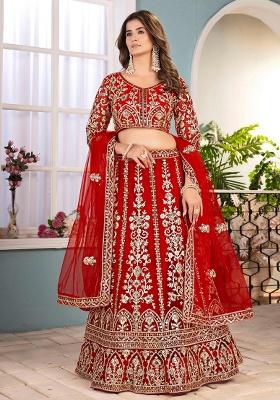 Red Embroidery Net Lehenga Set