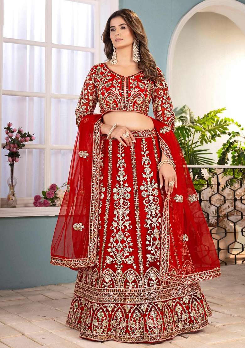 Red Embroidery Net Lehenga Set for Diwali and Festive Wear - Indya