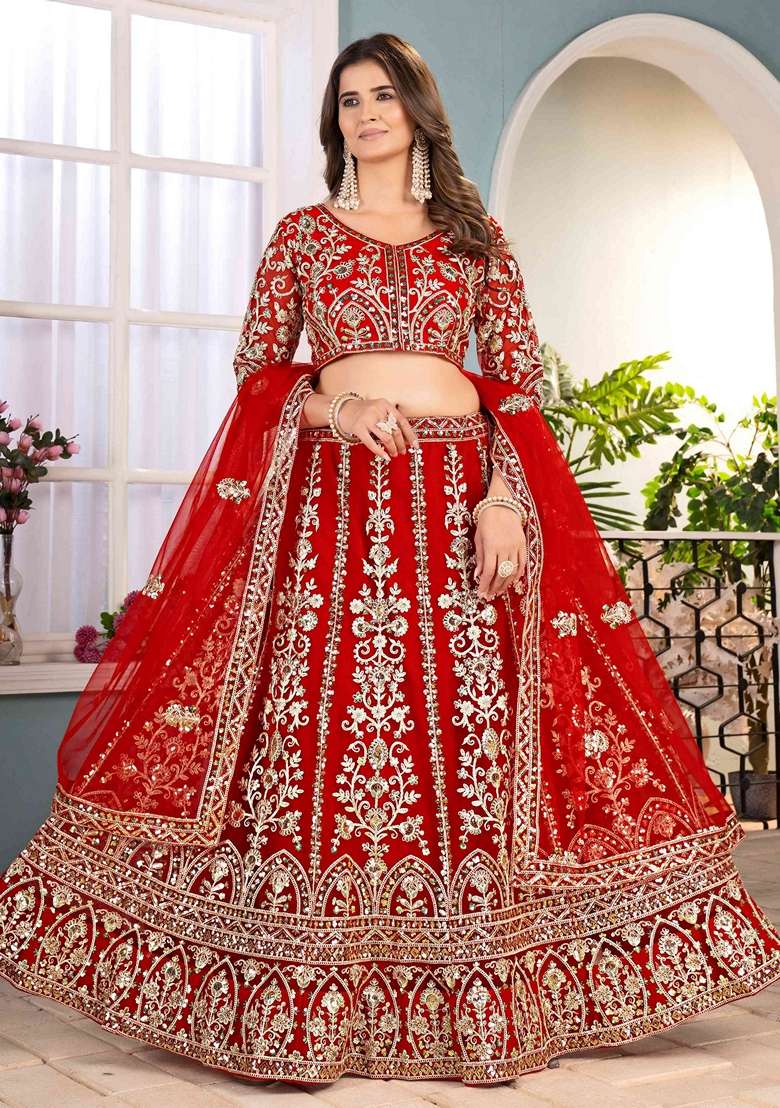 Red Embroidery Net Lehenga Set for Diwali and Festive Wear - Indya