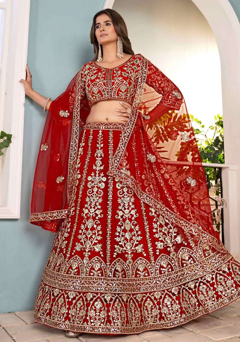 Red Embroidery Net Lehenga Set for Diwali and Festive Wear - Indya