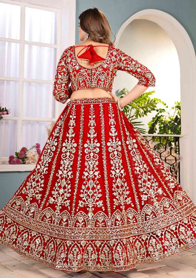 Red Embroidery Net Lehenga Set for Diwali and Festive Wear - Indya