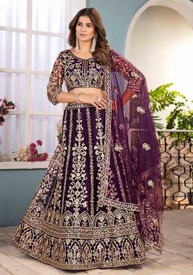 Wine Embroidery Net Lehenga Set