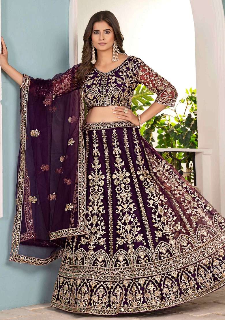 Wine Net Lehenga Set with Embroidery for Diwali | Wedding & Festive Wear - Indya