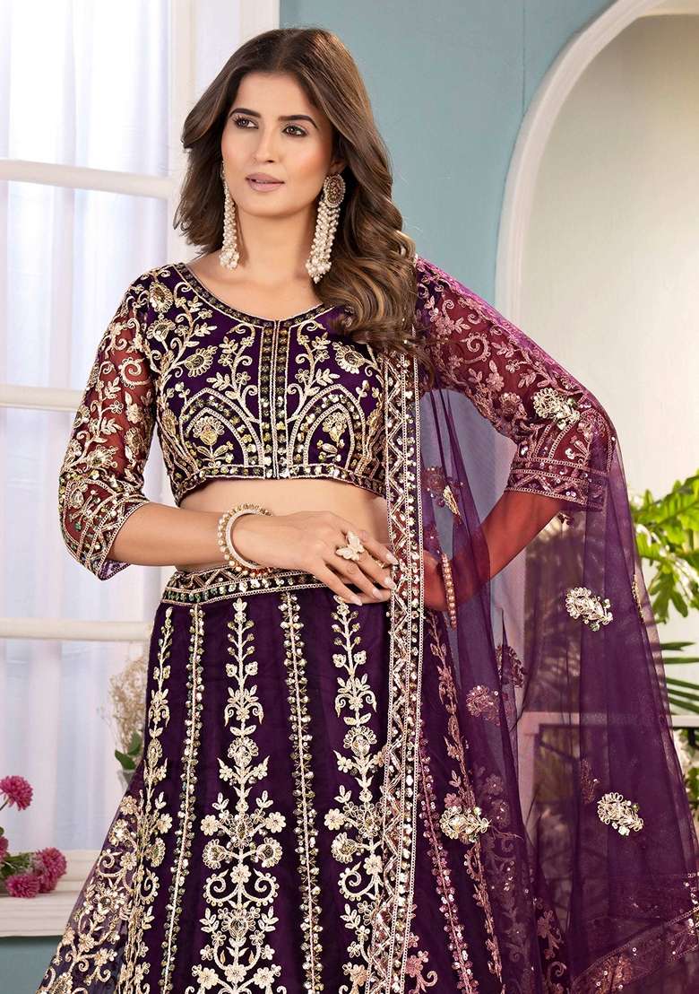Wine Net Lehenga Set with Embroidery for Diwali | Wedding & Festive Wear - Indya