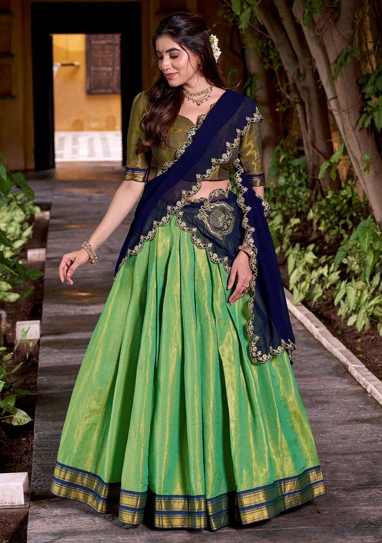 Green Embroidery Silk Blend Chaniya Choli Set For Navratri And Garba for Diwali and Festive Wear - Indya