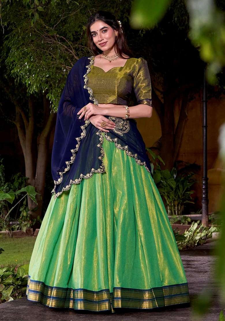 Green Embroidery Silk Blend Chaniya Choli Set For Navratri And Garba for Diwali and Festive Wear - Indya