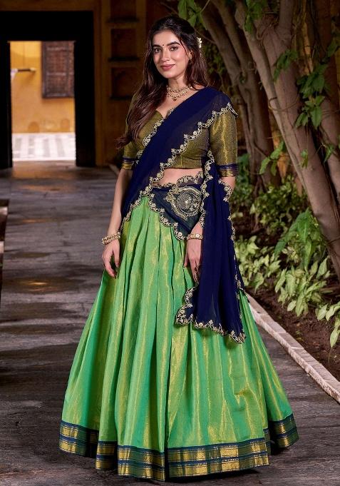 Green Embroidery Silk Blend Chaniya Choli Set For Navratri And Garba