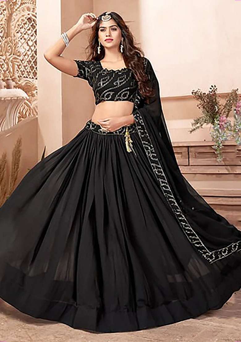 Black Georgette Lehenga Set with Embroidery for Diwali | Wedding & Festive Wear - Indya