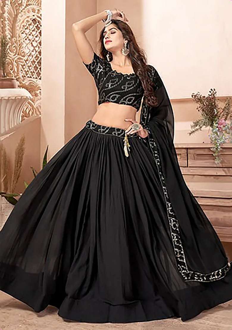 Black Georgette Lehenga Set with Embroidery for Diwali | Wedding & Festive Wear - Indya
