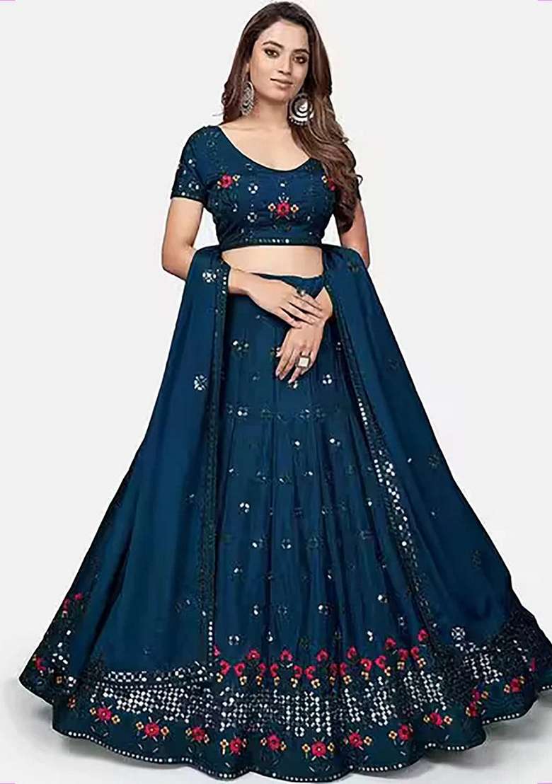 Blue Georgette Lehenga Set with Embroidery for Diwali | Wedding & Festive Wear - Indya