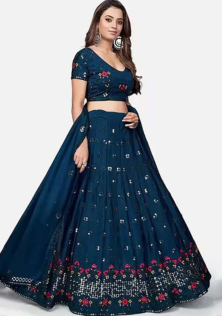 Blue Georgette Lehenga Set with Embroidery for Diwali | Wedding & Festive Wear - Indya