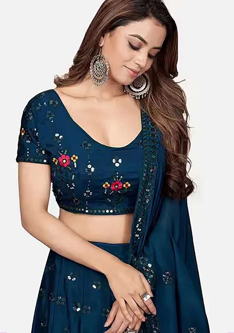 Blue Georgette Lehenga Set with Embroidery for Diwali | Wedding & Festive Wear - Indya