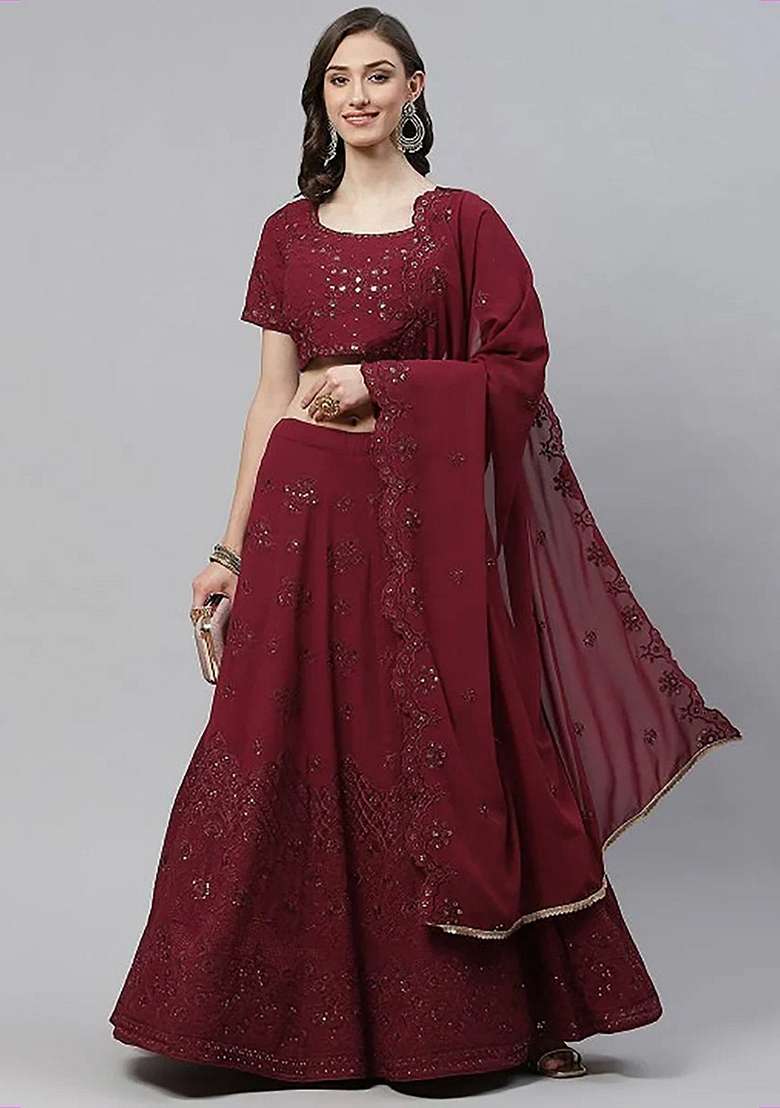 Pink Georgette Lehenga Set with Embroidery for Diwali | Wedding & Festive Wear - Indya